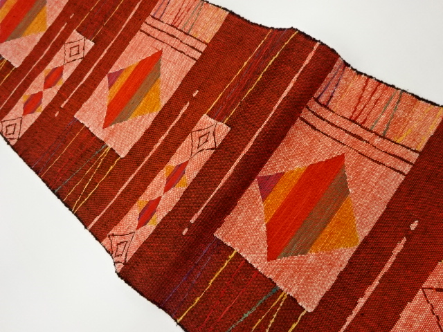 手織り真綿紬変わり横段に菱模様織出し名古屋帯